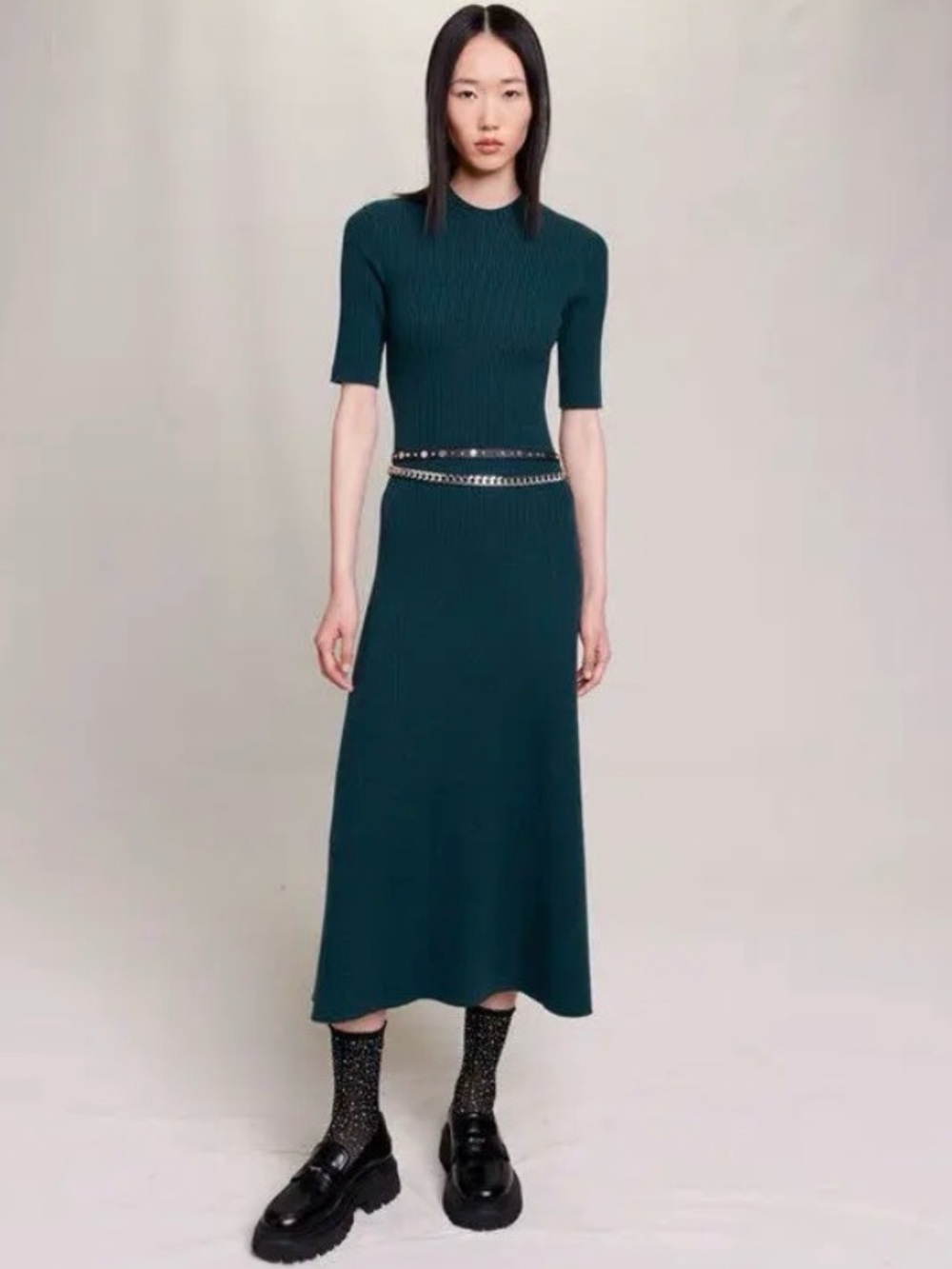 MAJE Bottle Green Knit Midi Sweater Dress 34/XS